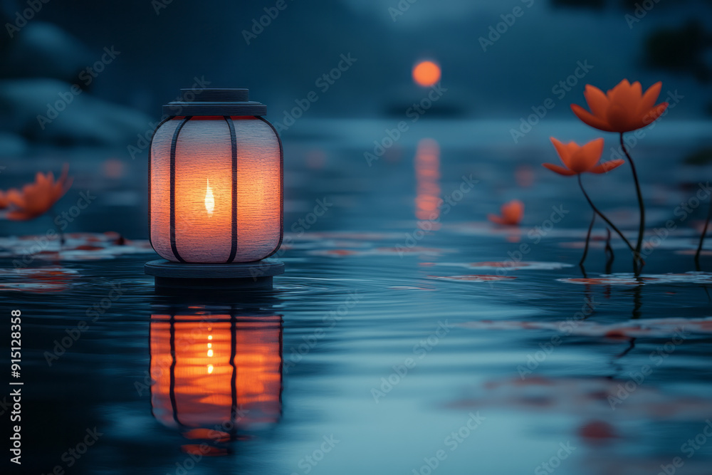 Poster A minimalist design of a floating lantern casting a soft, serene light over a calm, reflective surface,