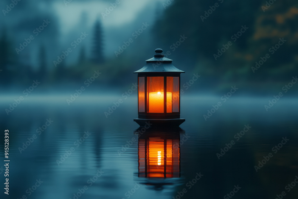 Poster A minimalist design of a floating lantern casting a soft, serene light over a calm, reflective surface,