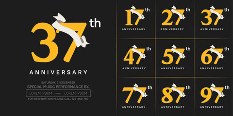 anniversary logotype set vector, yellow color and white ribbon for special day celebration
