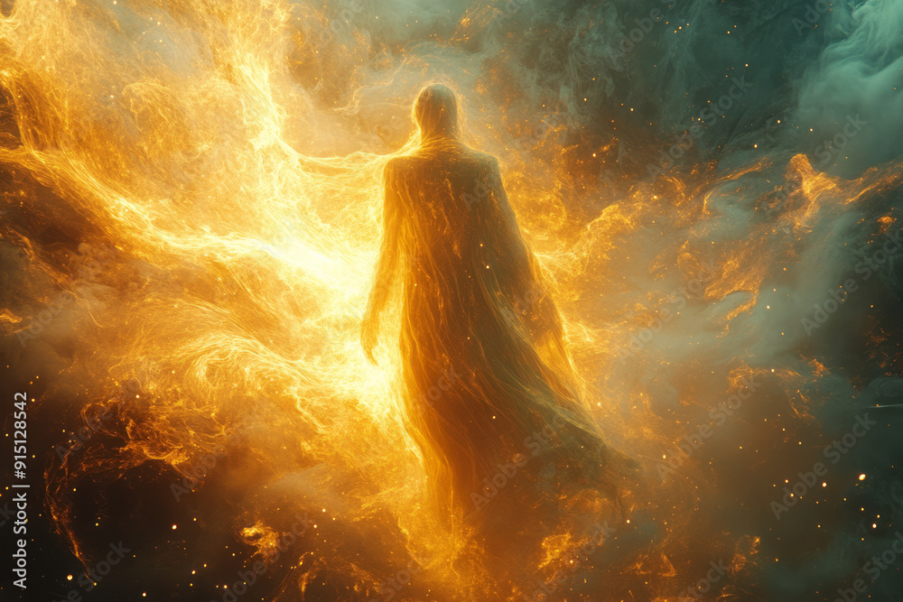 Poster an abstract depiction of a figure floating in a tranquil, suspended state among swirling, glowing pa