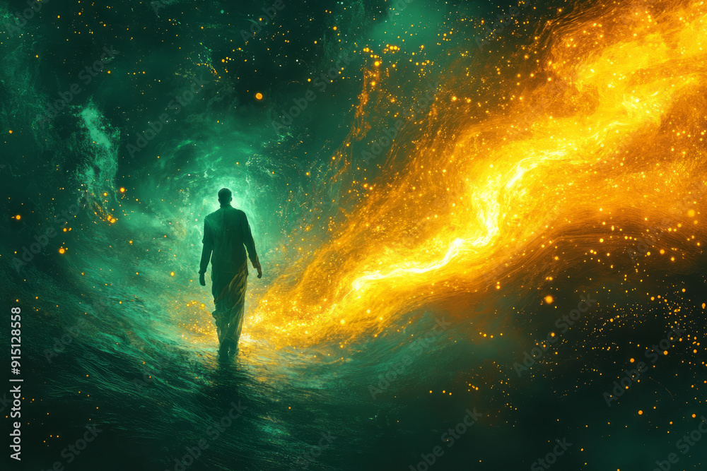 Poster an abstract depiction of a figure floating in a tranquil, suspended state among swirling, glowing pa