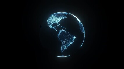 Animation of spinning globe of the Earth planet from glowing blue particulars on dark background, 4K seamless loop earth globe animation