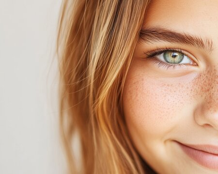 Close up portrait of a young woman with freckles and green eyes smiling.