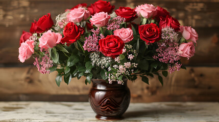 A beautiful Valentine's Day floral arrangement featuring red roses, pink carnations, and baby's breath in a decorative vase.