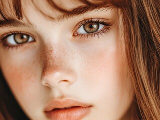 Fototapeta premium Close-up portrait of a young woman with freckles and brown eyes. Her expression is soft and contemplative. The lighting is soft and warm.