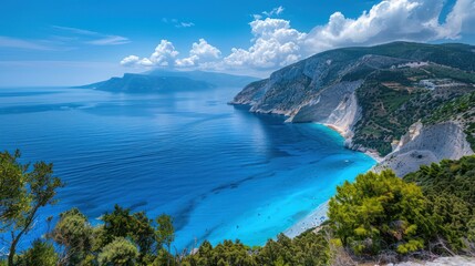 Breathtaking coastal scenery featuring turquoise blue waters, rugged cliffs, and lush vegetation under a bright sky