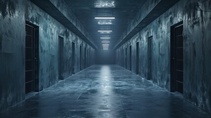 Fototapeta premium Eerie and mysterious industrial hallway with multiple closed doors, evoking feelings of suspense and intrigue.