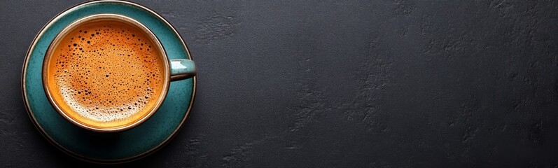 Cup of coffee on black background. Copy space. Top view. Flat lay. Panorama