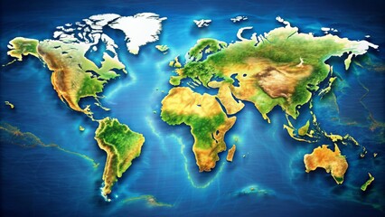 World Map with 3D Relief and Water Texture - Global Geography, Earth, Continents, Oceans