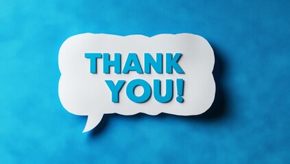 Thank you message for card, presentation, business. Expressing gratitude, acknowledgment and appreciation. Minimalist abstract design with white cut out paper on blue background.