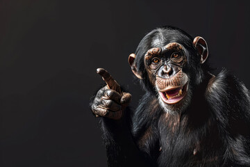 A photo of a smiling chimpanzee pointing with his finger on a black background. The monkey points his finger at the free space.