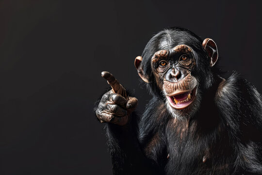 A photo of a smiling chimpanzee pointing with his finger on a black background. The monkey points his finger at the free space.