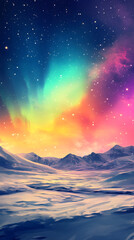 Obraz premium A vibrant aurora borealis illuminates the night sky over a snowy landscape, creating a magical and serene atmosphere among the majestic mountains
