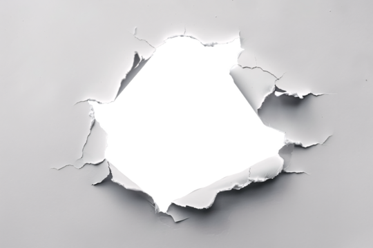 ripped transparent hole in white paper, torn hole