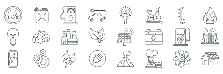 Energy icons set, Included icons as Atom, Battery, Wind Turbine, Light Bulb and more symbols collection, logo isolated vector illustration