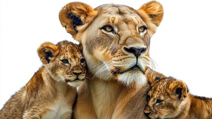 Obraz premium Lioness and Her Cubs Cuddle Together Against White Background in Heartwarming Close-Up Shot
