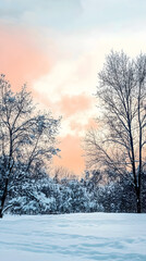 A serene winter landscape showcases tall, snow-covered trees against a pastel sky, evoking tranquility and the beauty of nature's stillness