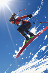 Dynamic Female Skier Mid-Jump in Snowy Mountain Landscape