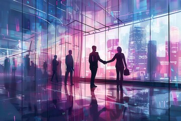 Two business people shake hands in a modern office building with a colorful cityscape visible through large windows. Generative AI