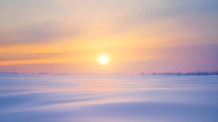A serene winter landscape features soft snowdrifts and a pastel sky at sunrise, with the warm sun rising over the peaceful snowy horizon