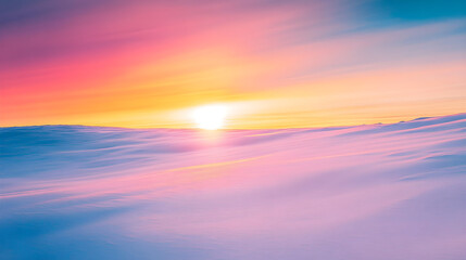 Obraz premium A beautiful sunrise illuminates a vast snowy landscape, creating a serene and colorful view of soft pastel skies and gentle undulating hills