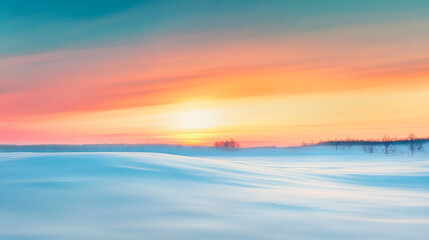 Obraz premium A serene winter landscape showcases a vibrant sunset illuminating soft snow drifts under a pastel sky with distant trees silhouetted on the horizon