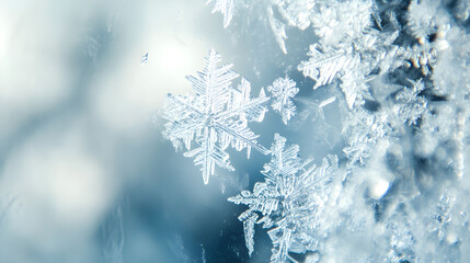 Delicate snowflakes sparkle on a frosty surface creating a mesmerizing winter scene full of intricate natural patterns