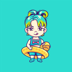 The child is wearing a rubber duck