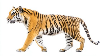 Obraz premium Majestic Tiger Walking Gracefully on White Background - Full Body Shot Wildlife Photography