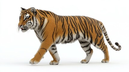 Majestic Tiger Striding Across White Background in Full Body Shot