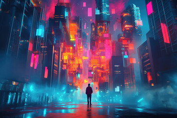 cityscape neon urban cyberpunk futuristic lights skyscrapers night digital art silhouette colorful vibrant modern 