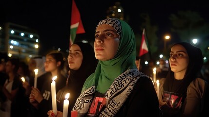 Women holding candles and Palestinian flags during a night protest