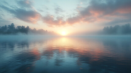 Obraz premium A serene lake at dawn with mist rising from the water. Generative AI illustration 
