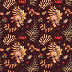 Bird, finch, tree branch, leaf, fern, autumn, illustration, brown seamless pattern in watercolor on a white background. Suitable for printing cards, textile, fabric, design, accessories, tableware.