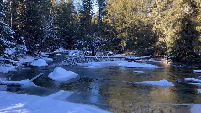 Snow-covered Tet river in Capcir, Pyrenees, France during winter, showcasing serene natural beauty and frozen landscapes.