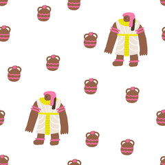 Cute ancient Egypt seamless pattern. Funny hand drawn doodle repeatable pattern with Egyptian woman princess, female royal person, vases. Old civilization, desert, arab theme background