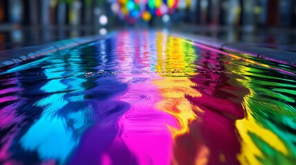 A reflection of a rainbow in a puddle of water. The water is colorful and the reflection is also colorful