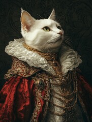 A white cat with piercing green eyes, adorned with a gold collar and a lavish red and gold robe, sits legally against a dark background. It appears to be a playful portrait, likely a digital artwork.