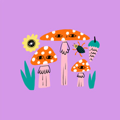 Colorful Cartoon Mushrooms Illustration with Insect on Purple Background