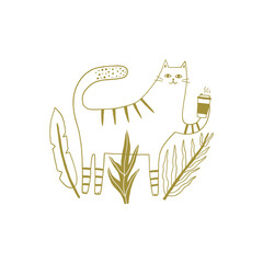 Cute Cat Illustration with Coffee Cup and Leaves on White Background