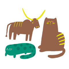 Cute ancient Egypt composition, postcard with funny hand drawn doodle bull, cow, cat, salamander, reptile. Old civilization, desert nature t shirt print, cover, template, banner, poster print objects