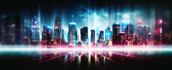 Obraz premium Abstract night lights, view of a modern futuristic cityscape. Defocused image of a bright skyline of tall buildings, towers skyscrapers with glowing windows. Wide scale image.