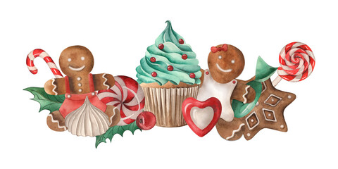 Banner, gingerbread, berries, holly, candy, meringue, lollipop, cupcake, Christmas sweets. The illustration is painted in watercolor on a white background. For New Year's design, postcard, invitation.
