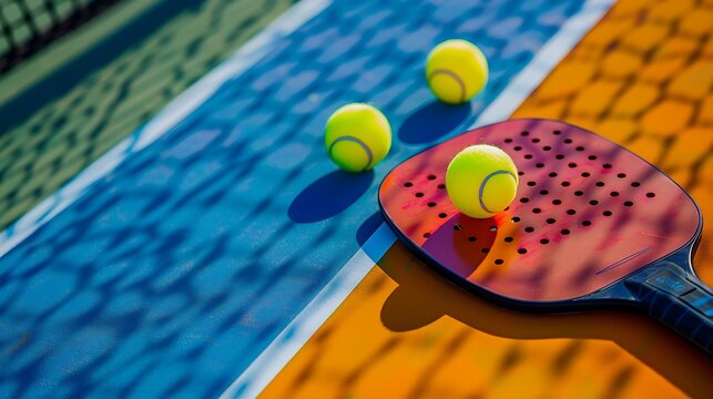 Two pickleball paddles with three pickleballs on a colorful pickleball court