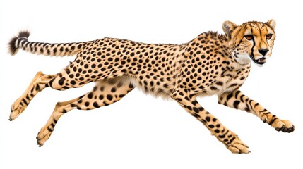 Fototapeta premium Energetic Cheetah Mid-Run Full Body Shot on White Background - Wild Animal Photography
