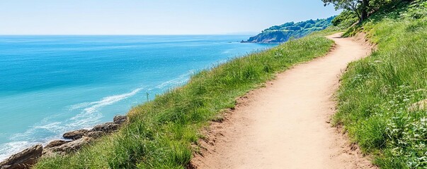 Coastal hiking adventure trail along the cliffs by the sea, coastal hiking trail, seaside outdoor exploration