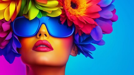 Obraz premium A woman with a colorful flower headdress and sunglasses. The woman is wearing red lipstick and has a colorful outfit. The image is a colorful and vibrant representation of a woman with a bold