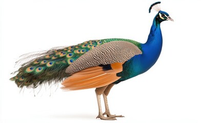 Elegant portrait of a peacock displaying vibrant feathers in full glory