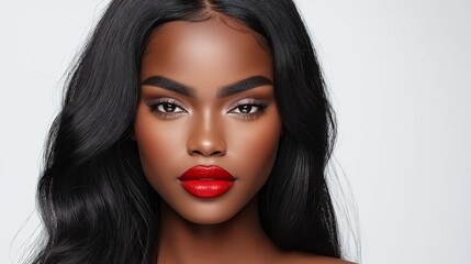 Fototapeta premium A woman with long black hair and red lipstick. She has a serious expression on her face. Concept of confidence and boldness