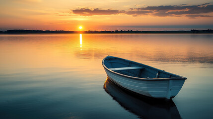 A lonely boat sits in the water at sunset. This photo depicts serenity and peace, perfect for travel, nature, and relaxation themed projects